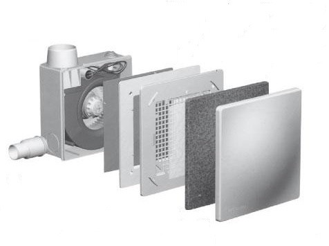 Wernig Silent U 60 vakolat alatti ventilátor robbantott ábrája: beépítődoboz, motor, előlap és szűrő