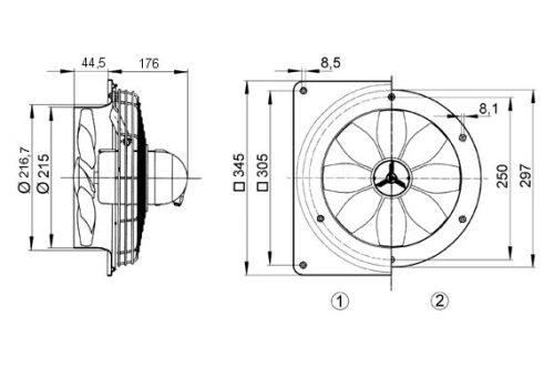 Maico DZQ 20/2 B Ex e Axiál fali ventilátor négyszögletes fali lemezzel, DN 200, háromfázisú váltóáram, robbanásbiztos  Termékszám: 0083.0171