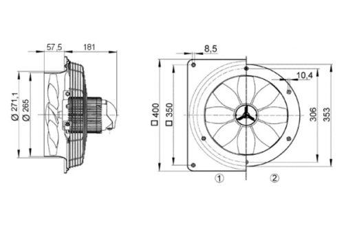Maico DZQ 25/84 B Axiál fali ventilátor négyszögletes fali lemezzel, DN 250, háromfázisú váltóáram, váltható pólusú  Termékszám: 0083.0141