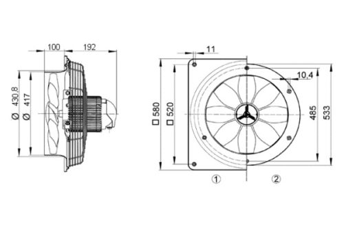 Maico DZQ 40/84 B Axiál fali ventilátor négyszögletes fali lemezzel, DN 400, háromfázisú váltóáram, váltható pólusú  Termékszám: 0083.0155