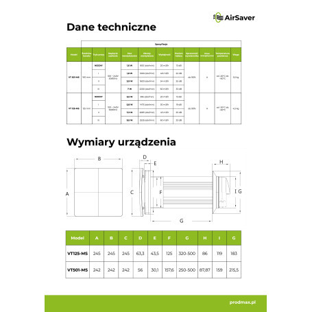 PRODMAX VT501-MS FI 160 FALI AIRSAVER HŐVISSZANYERŐ 