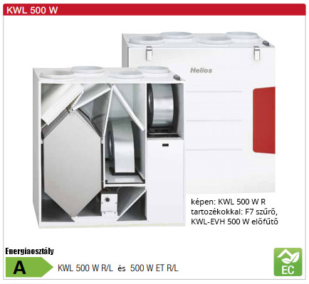 Helios KWL 500 W L Hővisszanyerős központi szellőző, easyControls szabályzással, baloldali friss levegő csonkkal