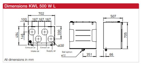 Helios KWL 500 W L Hővisszanyerős központi szellőző, easyControls szabályzással, baloldali friss levegő csonkkal