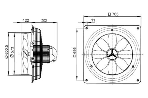 Maico DZQ 56/6 B Axiál fali ventilátor négyszögletes fali lemezzel, DN 560, háromfázisú váltóáram  Termékszám: 0083.0063
