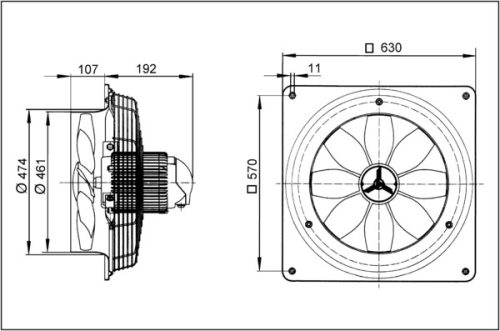 Maico DZQ 45/6 B Axiál fali ventilátor négyszögletes fali lemezzel, DN 450, háromfázisú váltóáram  Termékszám: 0083.0137