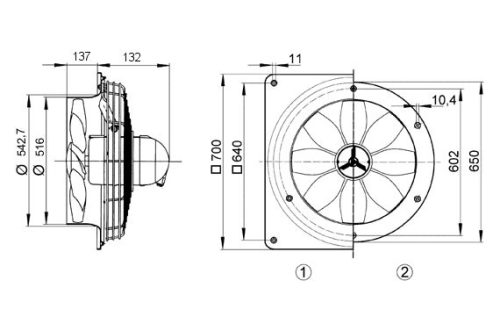 Maico DZQ 50/6 B Ex e Axiál fali ventilátor négyszögletes fali lemezzel, DN 500, háromfázisú váltóáram, robbanásbiztos  Termékszám: 0083.0184