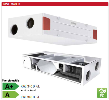 Helios KWL 340 D L Hővisszanyerős központi szellőző, mennyezeti kivitelben, easyControls szabályzással
