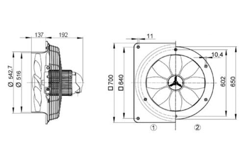 Maico DZQ 50/6 B Axiál fali ventilátor négyszögletes fali lemezzel, DN 500, háromfázisú váltóáram  Termékszám: 0083.0130