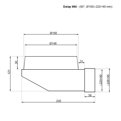 Dalap PVC átalakító idom 90° kerek csővezetékről szögletesre Ø 150 mm / 220x90 mm