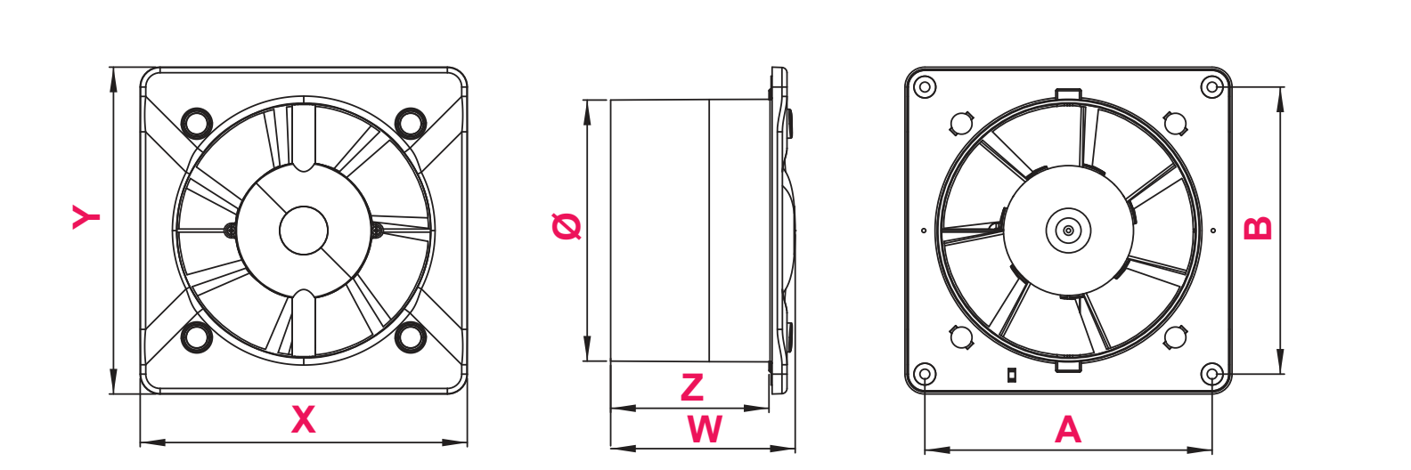 Awenta KW System+ ház méretrajza: X, Y keret, Ø csonk, Z csonkmélység, W teljes mélység, A, B furattávolság