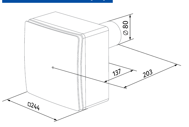 Blauberg Valeo-E méretrajza: 244 mm-es előlap, 137 mm mélység, 203 mm a csonkkal, Ø80 csonk
