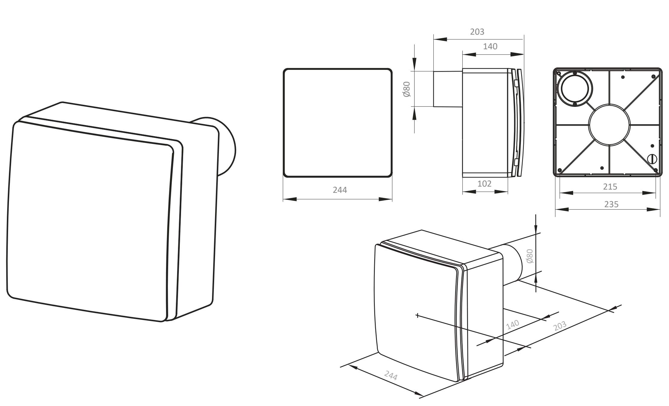A Cairox SVN-1 80 méretrajza: 244 × 244 mm, mélysége a csonkkal 203 mm, Ø 80 mm-es csonk (gyári rajz)