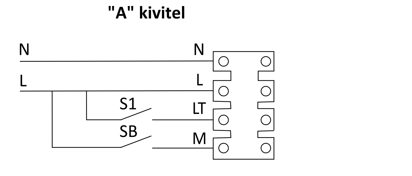 Az „A” kivitel kapcsolási rajza időrelével és páratartalom-érzékelővel: N, L, LT és M kapocs, S1 és SB kapcsoló (gyári rajz)
