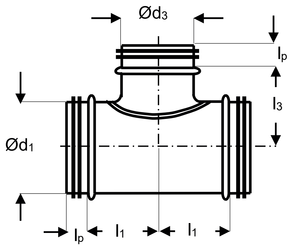 A Cairox TDG90 T-idom méretrajza Ød1, Ød3, l1, l3 és lp jellel (gyári rajz)