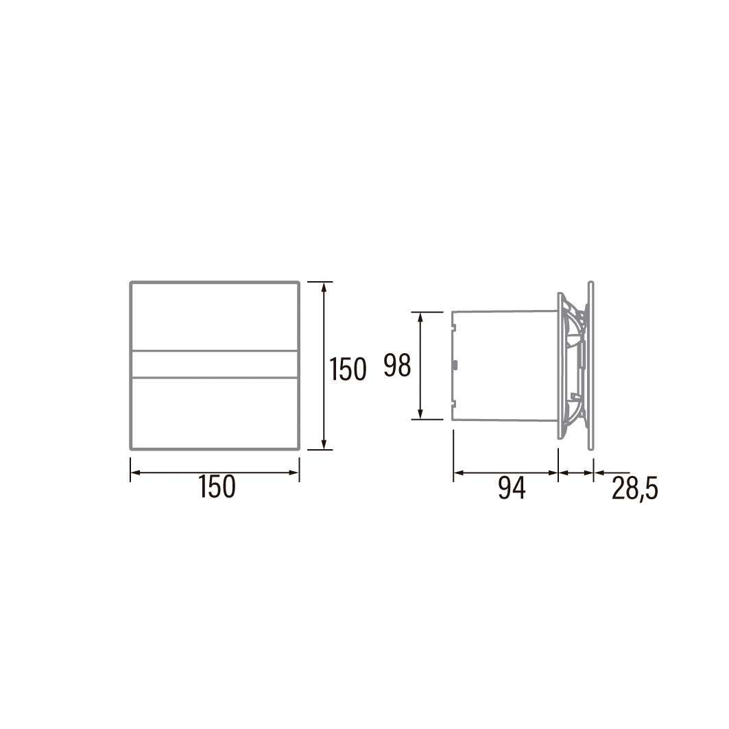 Cata E-100 méretrajz: előlap 150 × 150 mm, kifúvó Ø98 mm, mélység 94 mm, előlap 28,5 mm