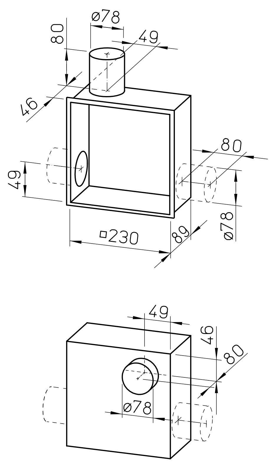A Helios ELS-GU méretrajza: 230 × 230 mm, 89 mm mély, a csonk Ø 78 mm, 80 mm magas, felül és hátul (gyári rajz)