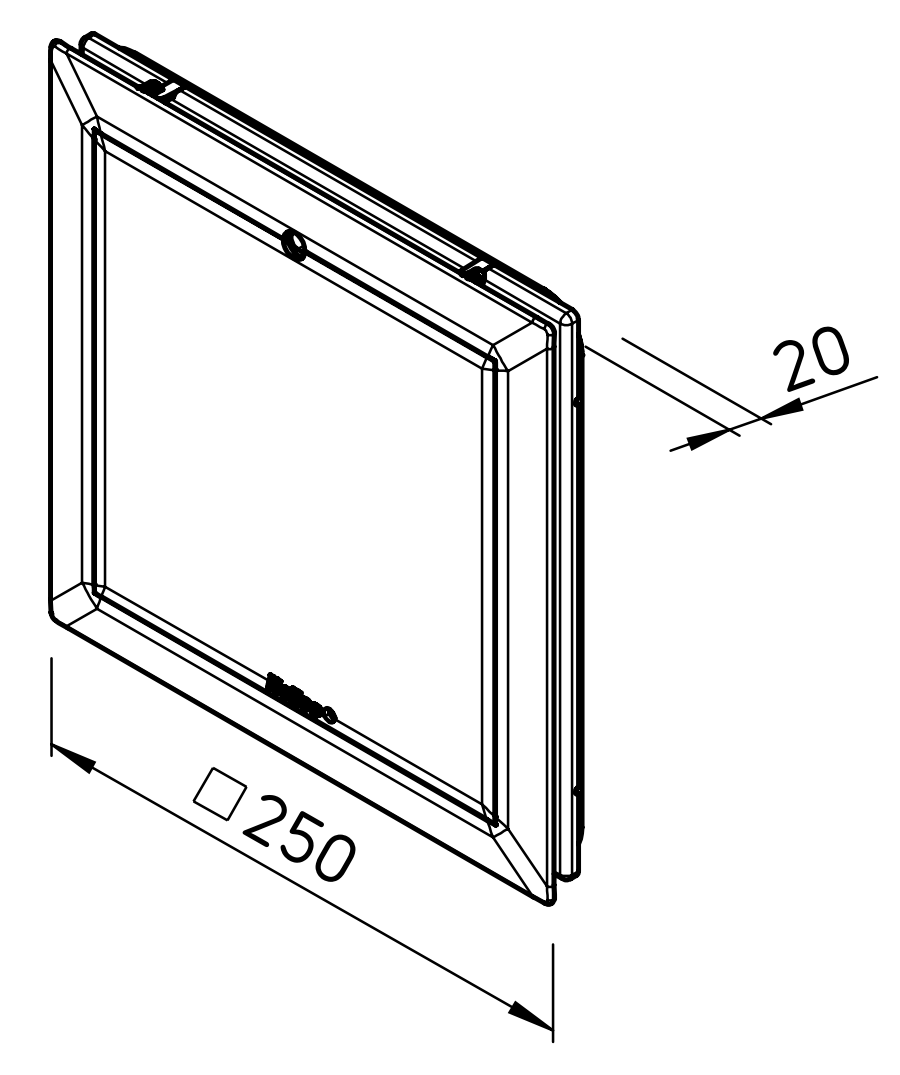 Az ELS NFC P előlapjának méretrajza: 250 × 250 mm, 20 mm vastag, felül az érzékelővel (gyári rajz)