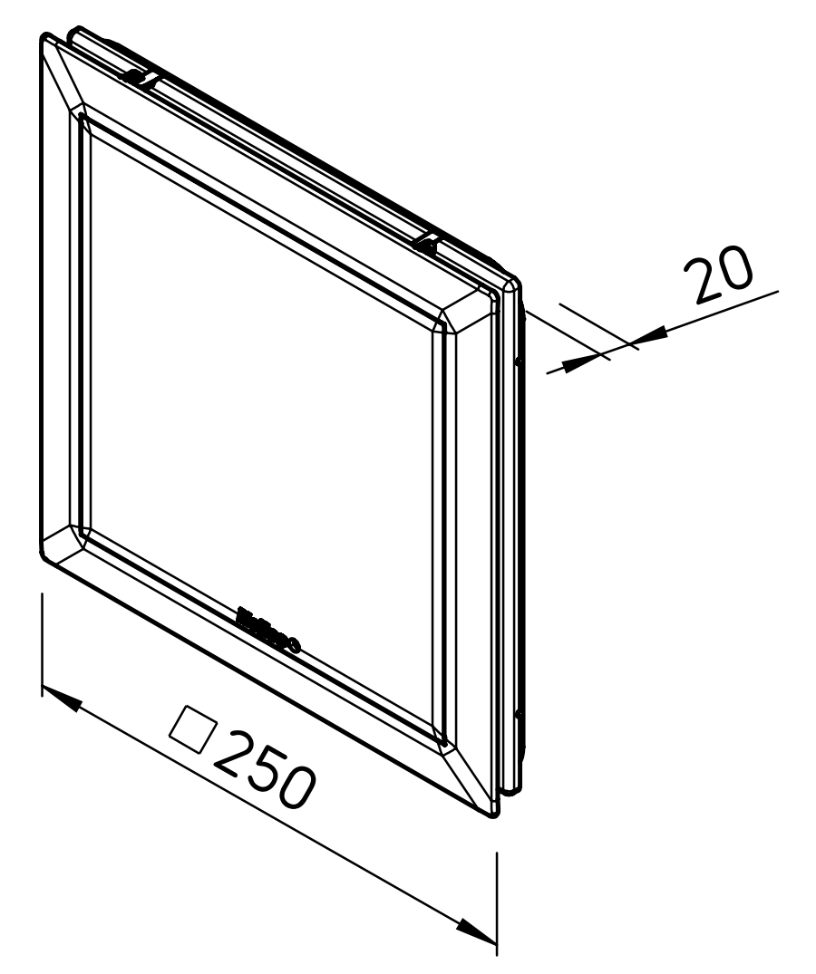 Az ELS NFC előlapjának méretrajza: 250 × 250 mm, 20 mm vastag (gyári rajz)