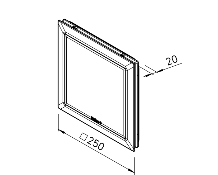 Helios ELS-V belső előlap méretrajza: 250 × 250 mm, 20 mm kiállás