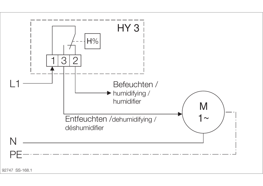 Helios HY 3 bekötési rajza: L1 az 1-es kapocsra, a ventilátor a 3-as, a párásító a 2-es kapocsra