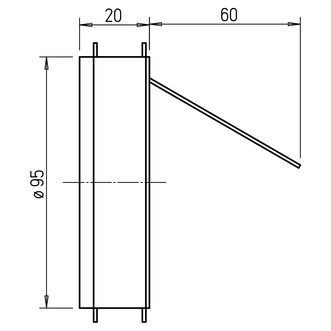 Helios KAK 100 méretrajz: Ø95 mm, 20 mm-es keret, a nyitott lap 60 mm-re nyúlik ki
