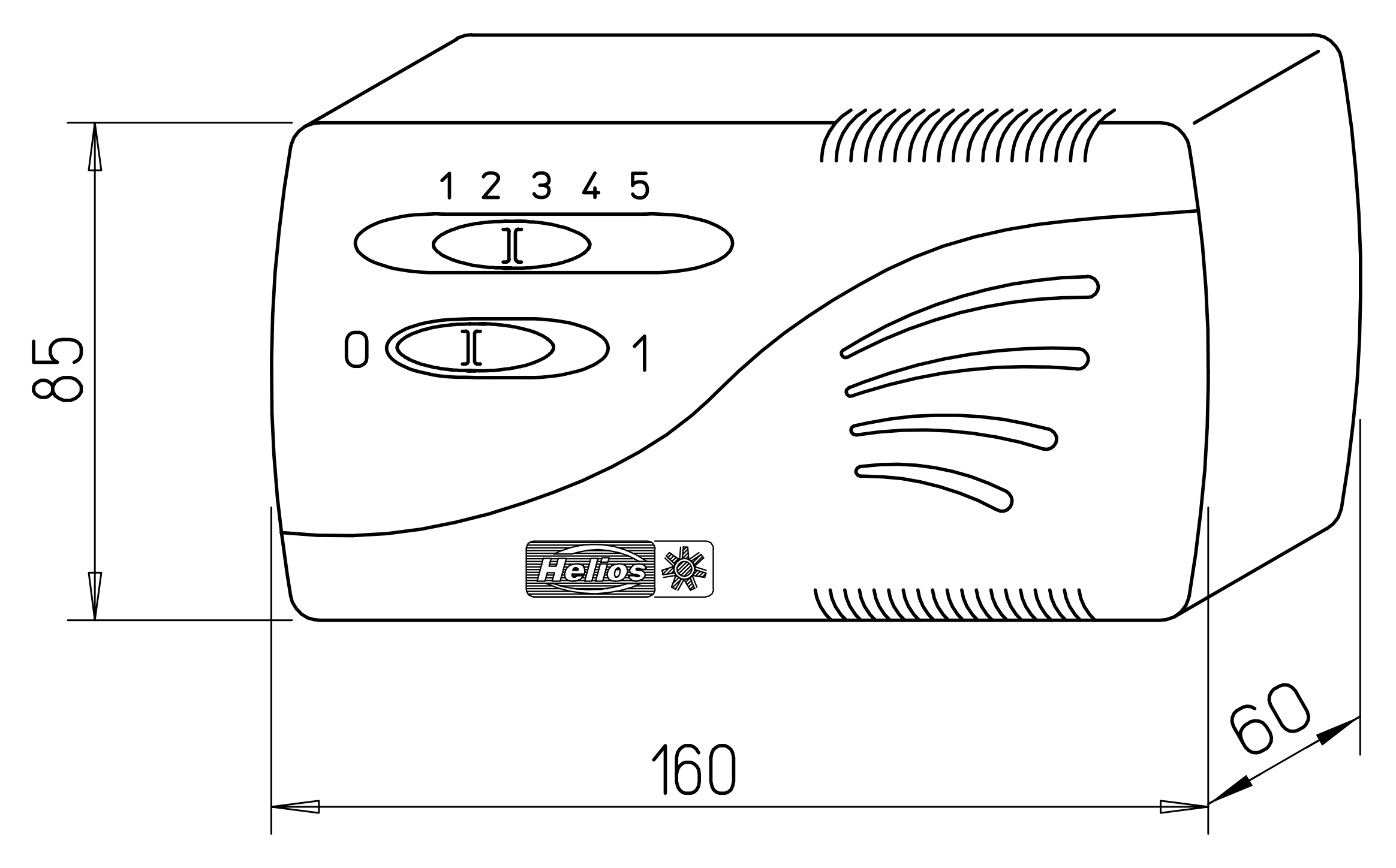A Helios TSW 0,3 méretrajza: 160 × 85 × 60 mm, fokozatkapcsoló 1-5, be-ki kapcsoló 0-1 (gyári rajz)
