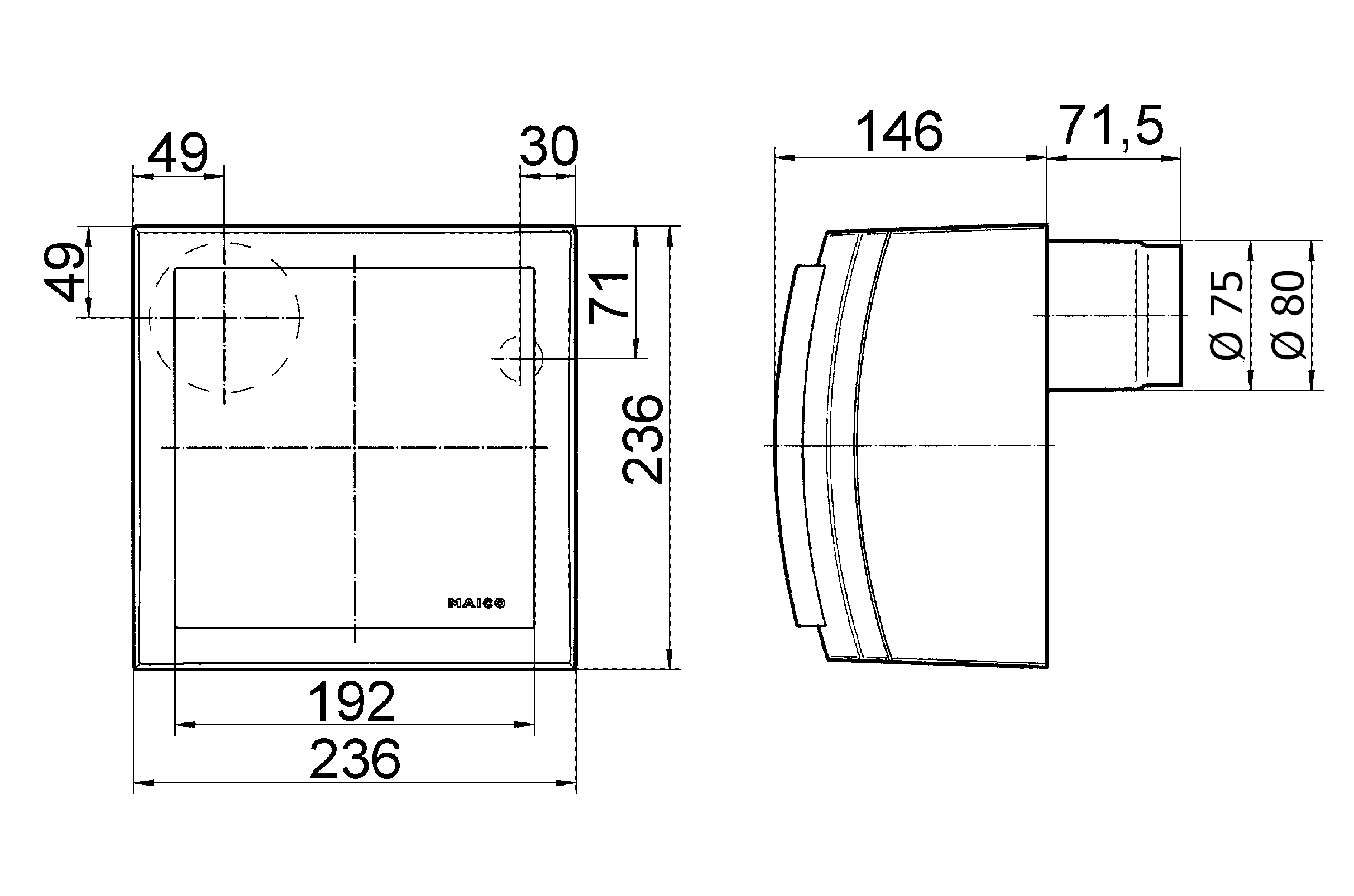 Az ER-AP méretrajza: 236 × 236 mm-es burkolat, 146 mm-es ház, mögötte 71,5 mm-es, Ø 75/80 mm-es kifúvócsonk (gyári rajz)