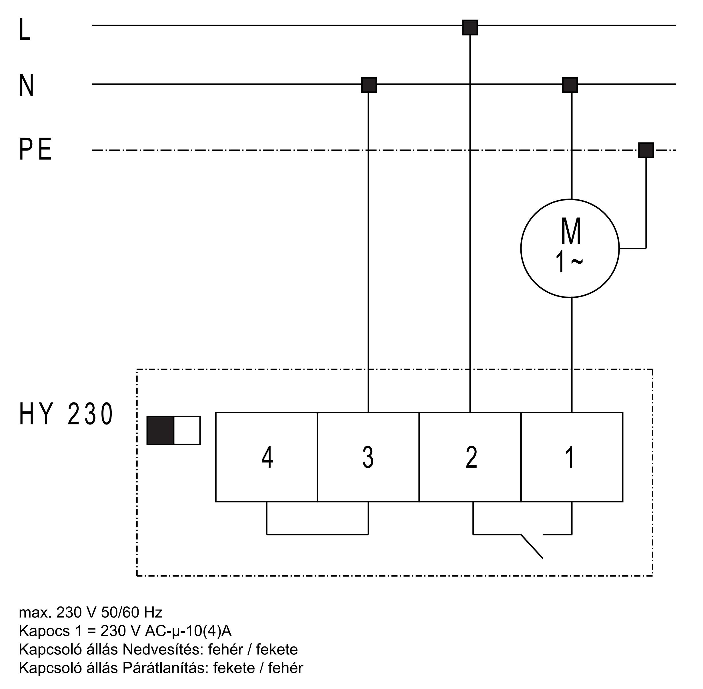 A Maico HY 230 kapcsolási rajza: L, N és PE vezeték, M 1~ motor, a higrosztát 1-4. kapcsa és a kapcsolóállás jele (gyári rajz)