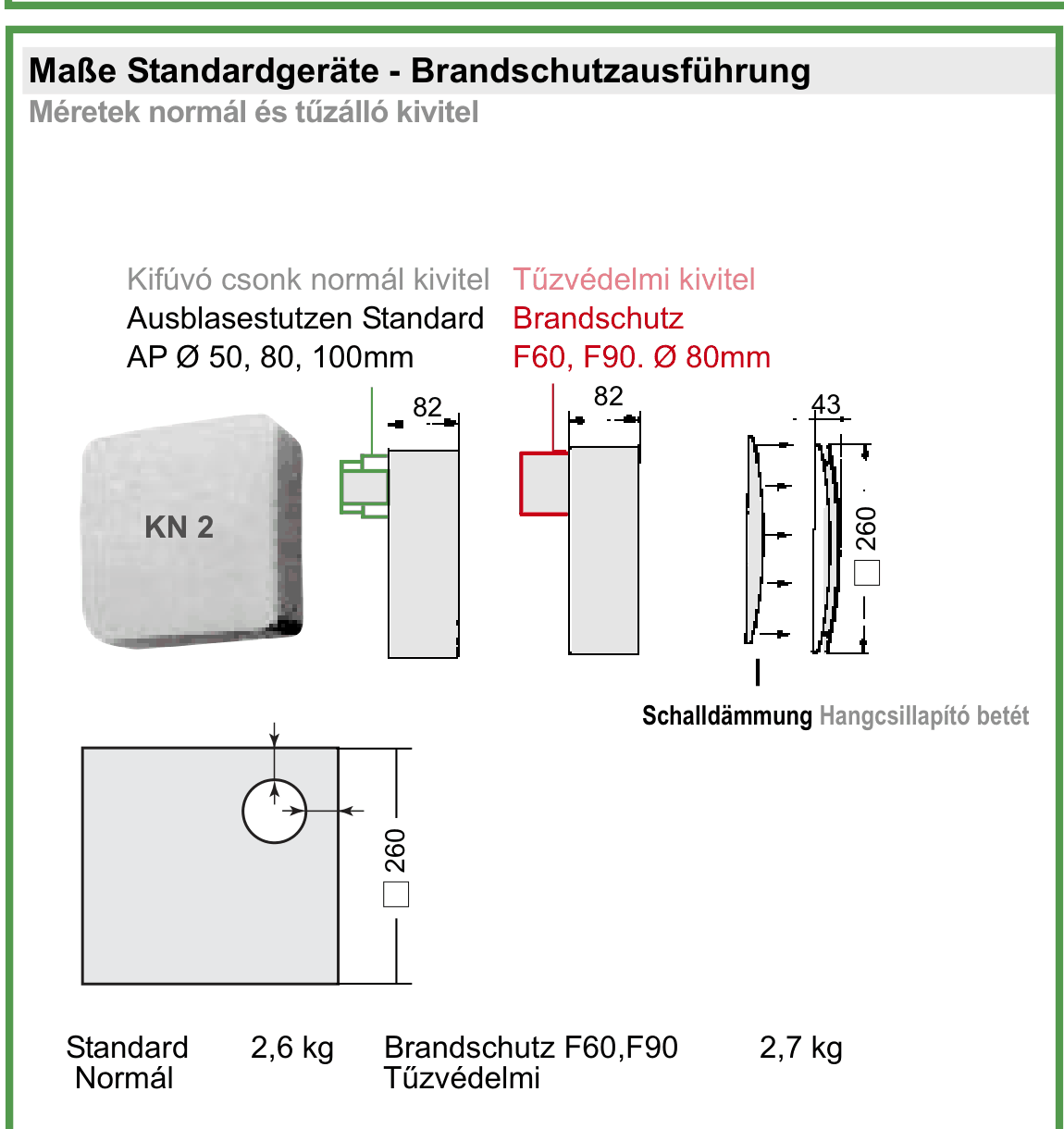 Red-Ring KN2-AP méretrajz: 260 × 260 mm-es előlap, 82 mm mély ház, Ø50/80/100 mm kifúvócsonk, 43 mm-es hangcsillapító betét