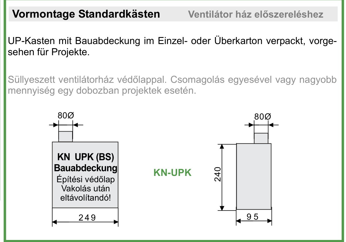 Red-Ring KN2 süllyesztett ház (KN-UPK) méretrajza: 249 × 240 × 95 mm, Ø80 mm kifúvócsonk, építési védőlappal