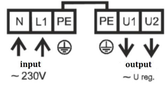 Reventon HC bekötési rajza: bemenet N, L1, PE, kimenet PE, U1, U2