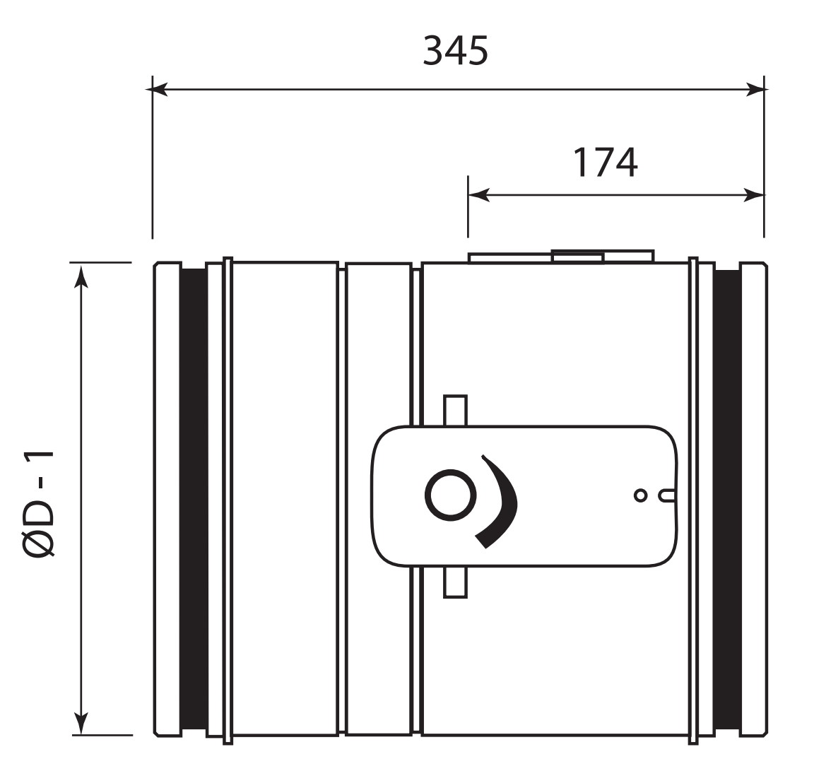 A CR120+BFLT230 méretrajza oldalnézetben: 345 mm hossz, 174 mm a motor felőli oldalon, ØD - 1 külső átmérő (gyári rajz)