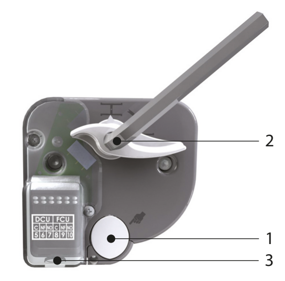 Az MFUS kézi mozgatószerkezet: 1 kioldógomb, 2 visszaállító kar, 3 kábelbevezetés (gyári kép)