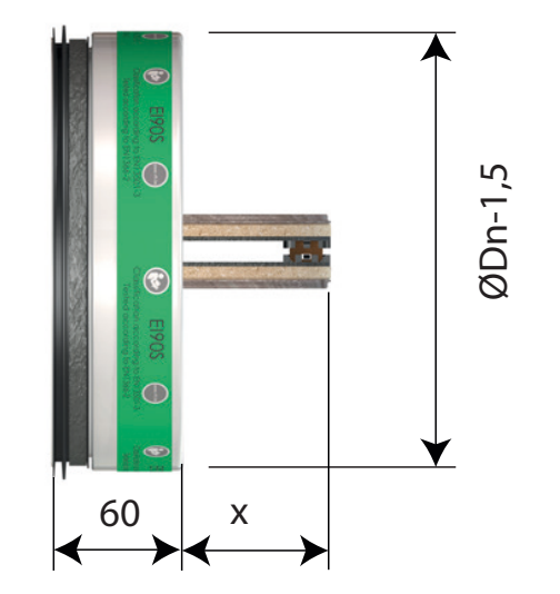 Az SC+90 méretrajza oldalnézetben: 60 mm-es ház, a nyitott lap kinyúlása (X) és a ØDn-1,5 külső átmérő (gyári rajz)