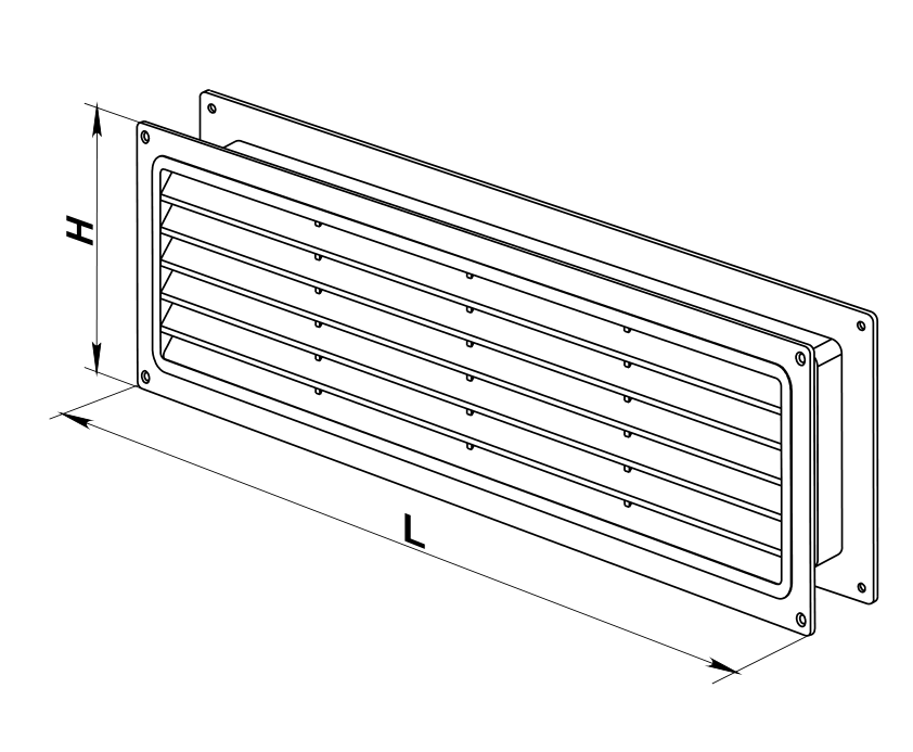 A Vents MV 450/2 ajtórács rajza H és L jellel (gyári rajz)