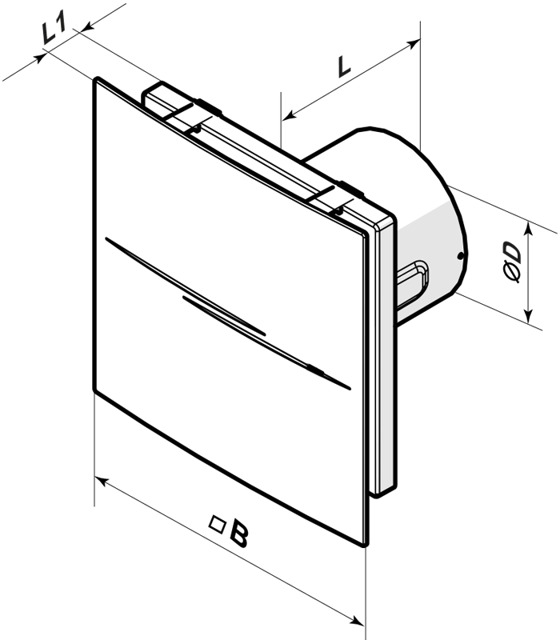 VENTS Quiet-Style 100 méretrajza: 200 × 200 mm-es előlap, 99 mm-es csonk