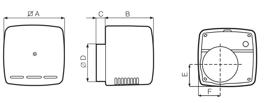 Vortice Ariett LL méretrajza: 156 mm széles ház, 123 mm mély, 25 mm-es, 97 mm átmérőjű kifúvó csonk
