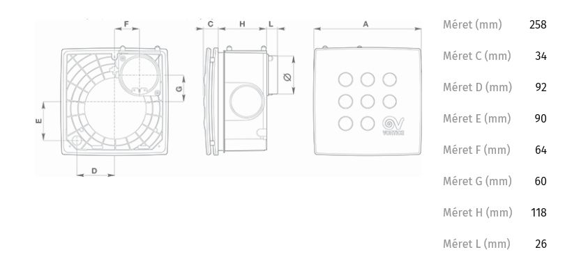 Vortice MICRO 100 I méretrajza: 258 mm széles előlap, 118 mm beépítési mélység